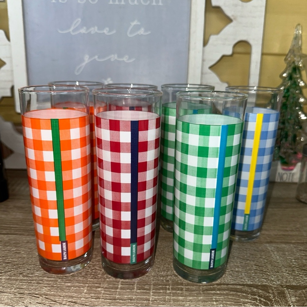 Vtg. Ralph Lauren tea glasses "The Picnic" 90's 7 1/4" Gingham 7pc’s.